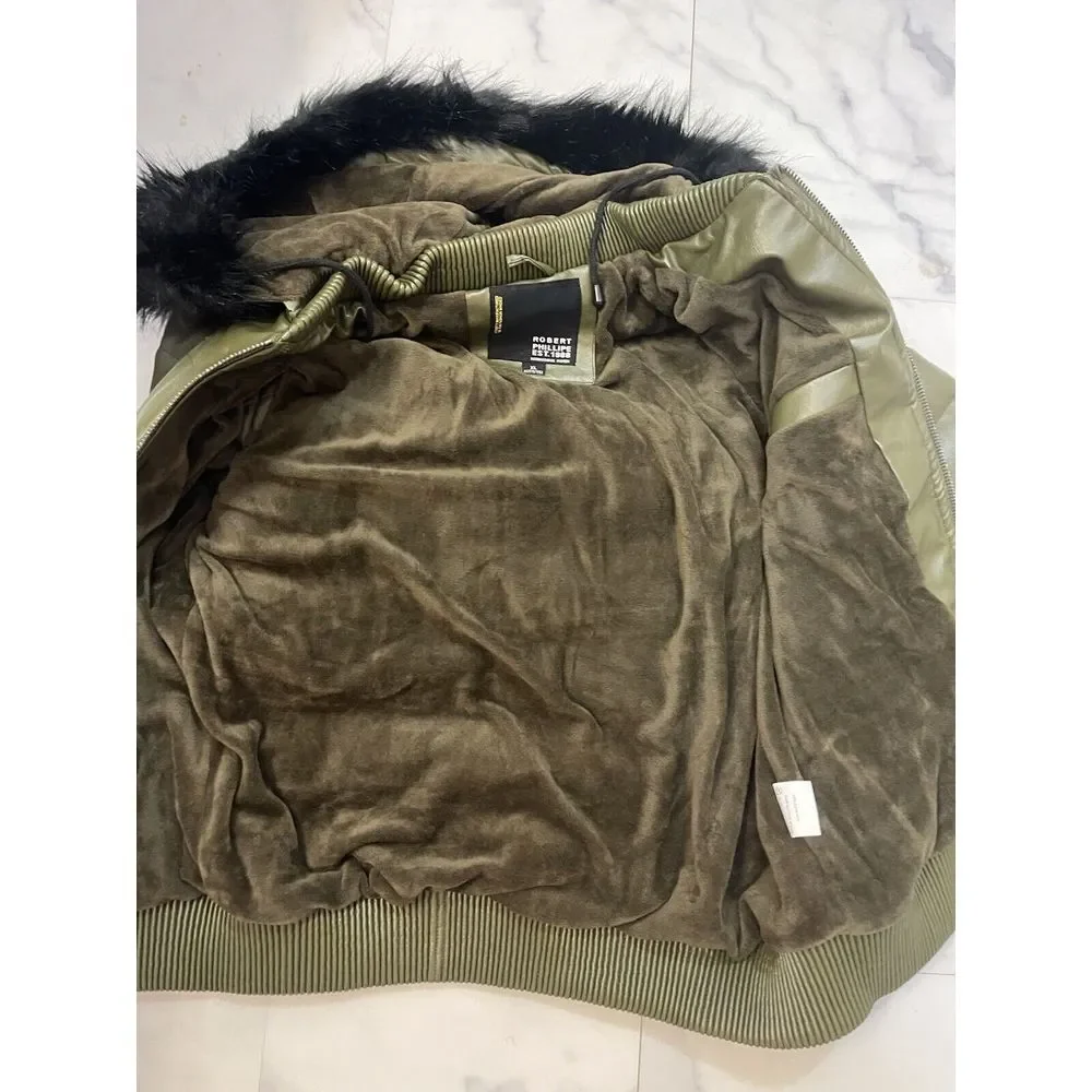 Men's Olive Green Jacket Robert Phillipe Jacket‎ Removeable Fur Hood